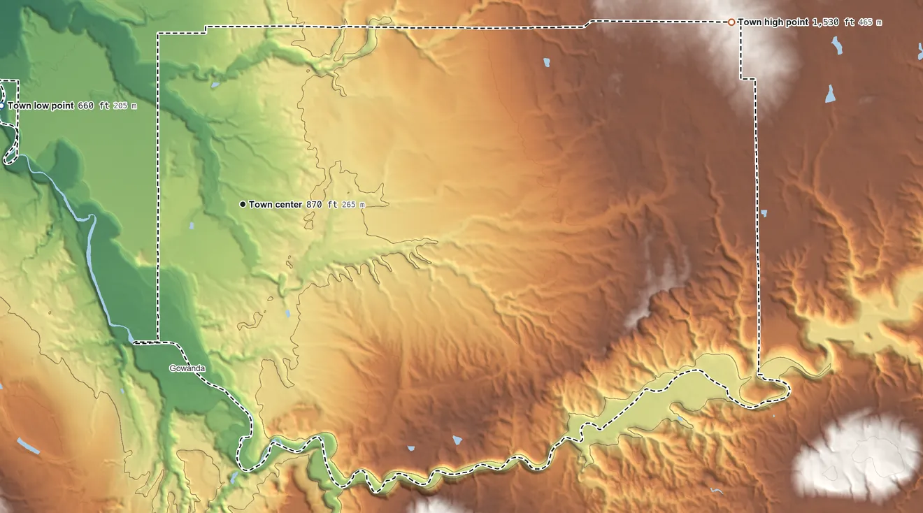 Topographic elevation map of Collins, New York, shaded from 660 ft on the west side to 1,530 ft on the east side