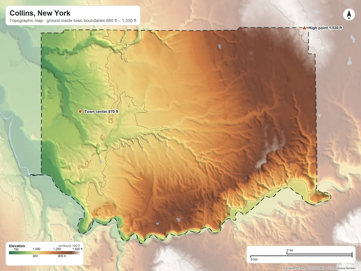 Topographic elevation map of Collins, New York, shaded from 660 ft on the west side to 1,530 ft on the east side