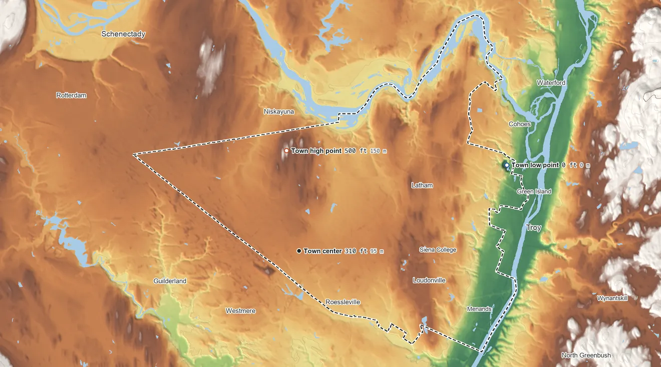 Topographic elevation map of Colonie, New York, shaded from 0 ft on the northeast side to 500 ft on the north side