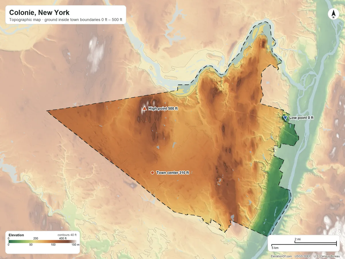Topographic elevation map of Colonie, New York, shaded from 0 ft on the northeast side to 500 ft on the north side