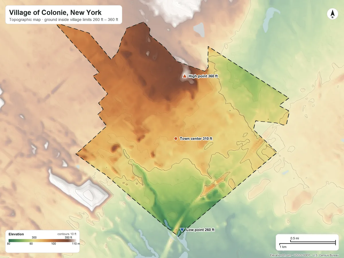 Topographic elevation map of Village of Colonie, New York, shaded from 260 ft on the south side to 360 ft on the north side
