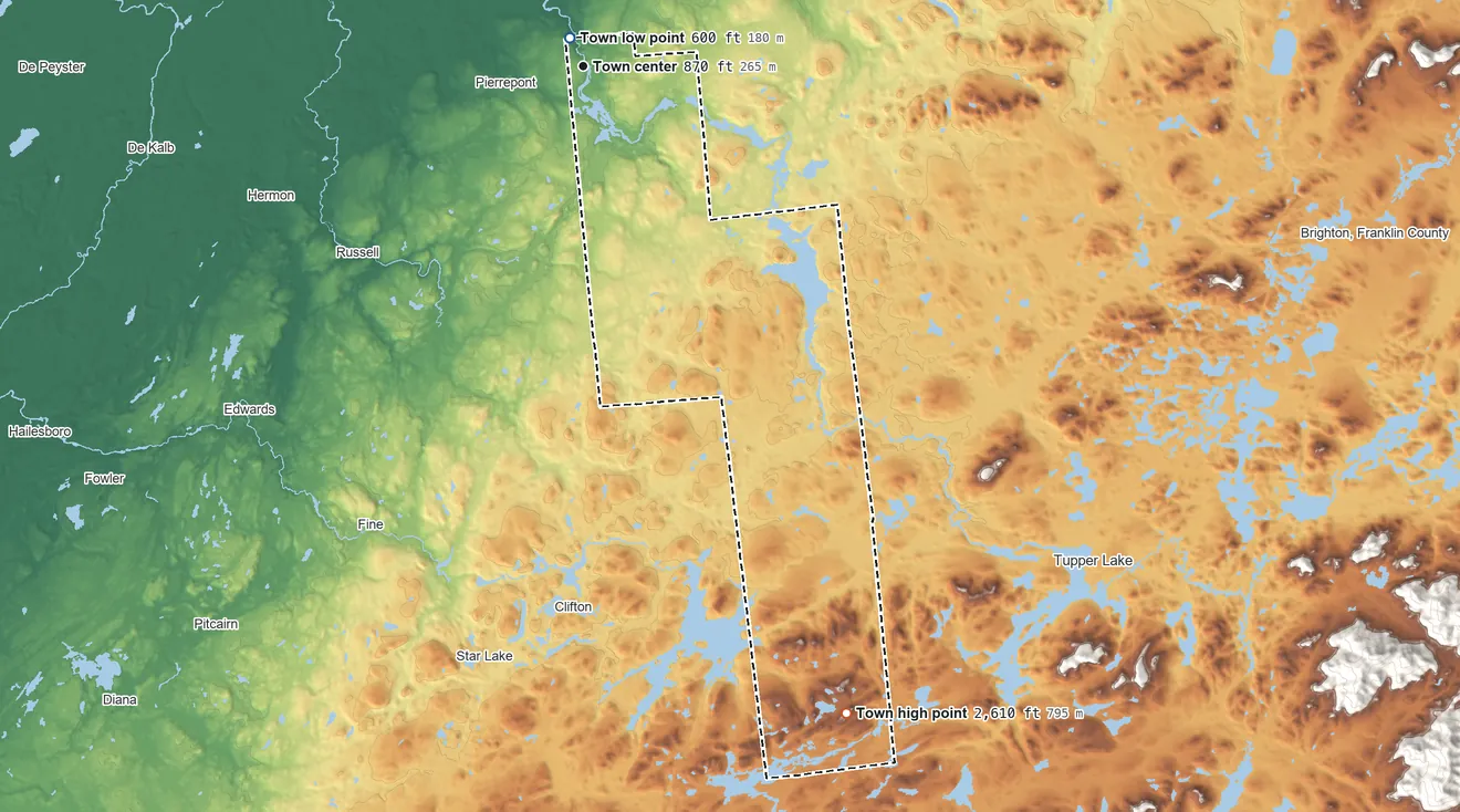 Topographic elevation map of Colton, New York, shaded from 600 ft near the middle to 2,610 ft on Silver Lake Mountain