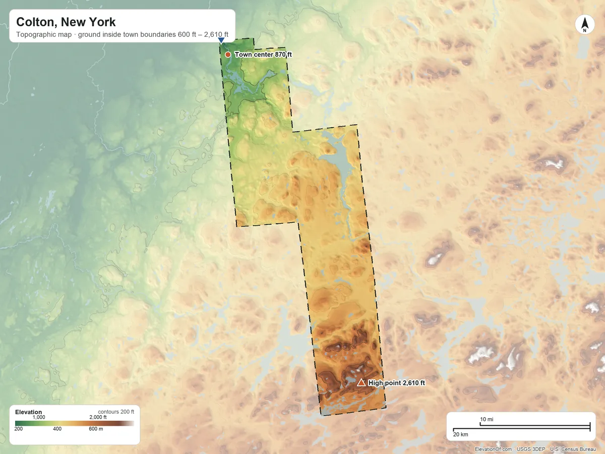Topographic elevation map of Colton, New York, shaded from 600 ft near the middle to 2,610 ft on Silver Lake Mountain