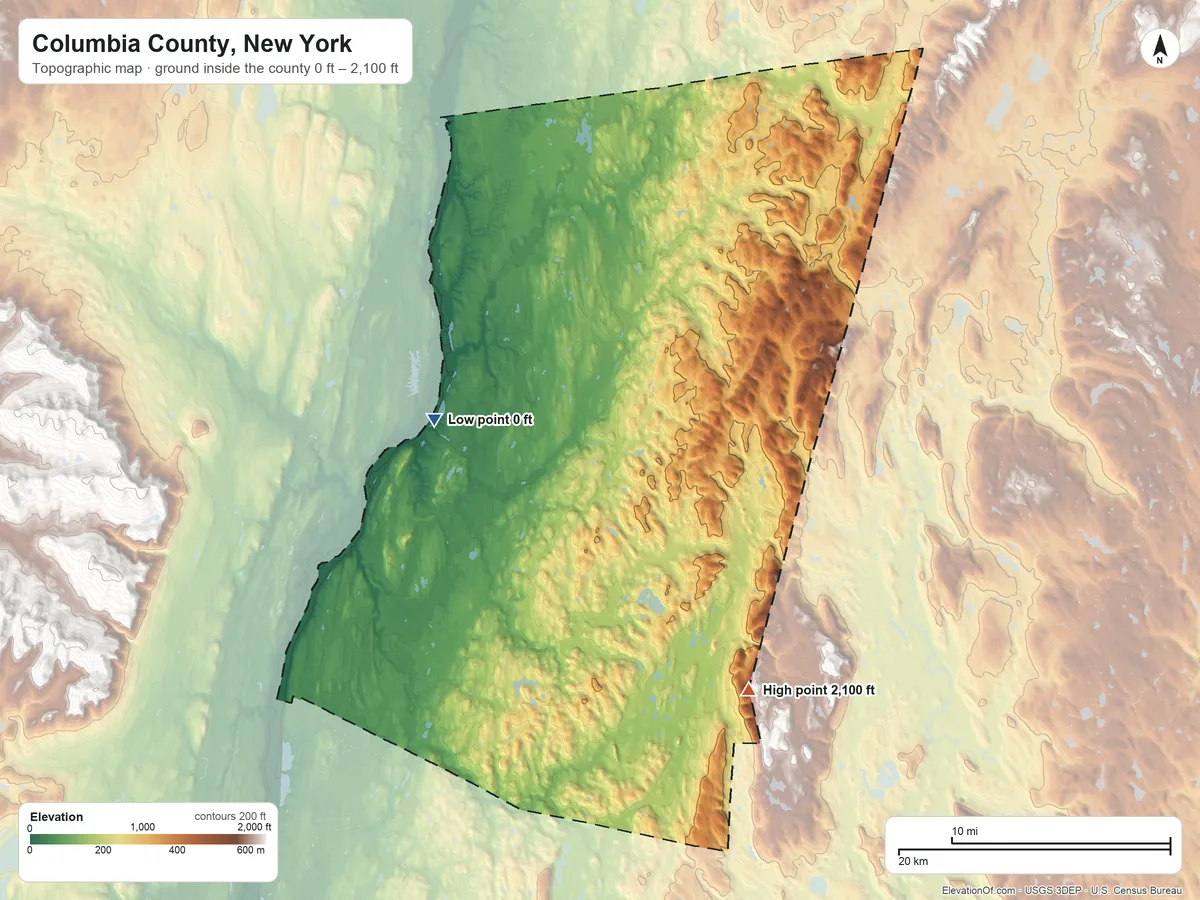 Topographic elevation map of Columbia County, New York, shaded from 0 ft on the west side to 2,100 ft on the southeast side