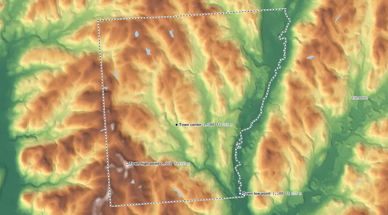 Topographic elevation map of Columbus, New York, shaded from 1,100 ft on the southeast side to 1,960 ft on the southwest side