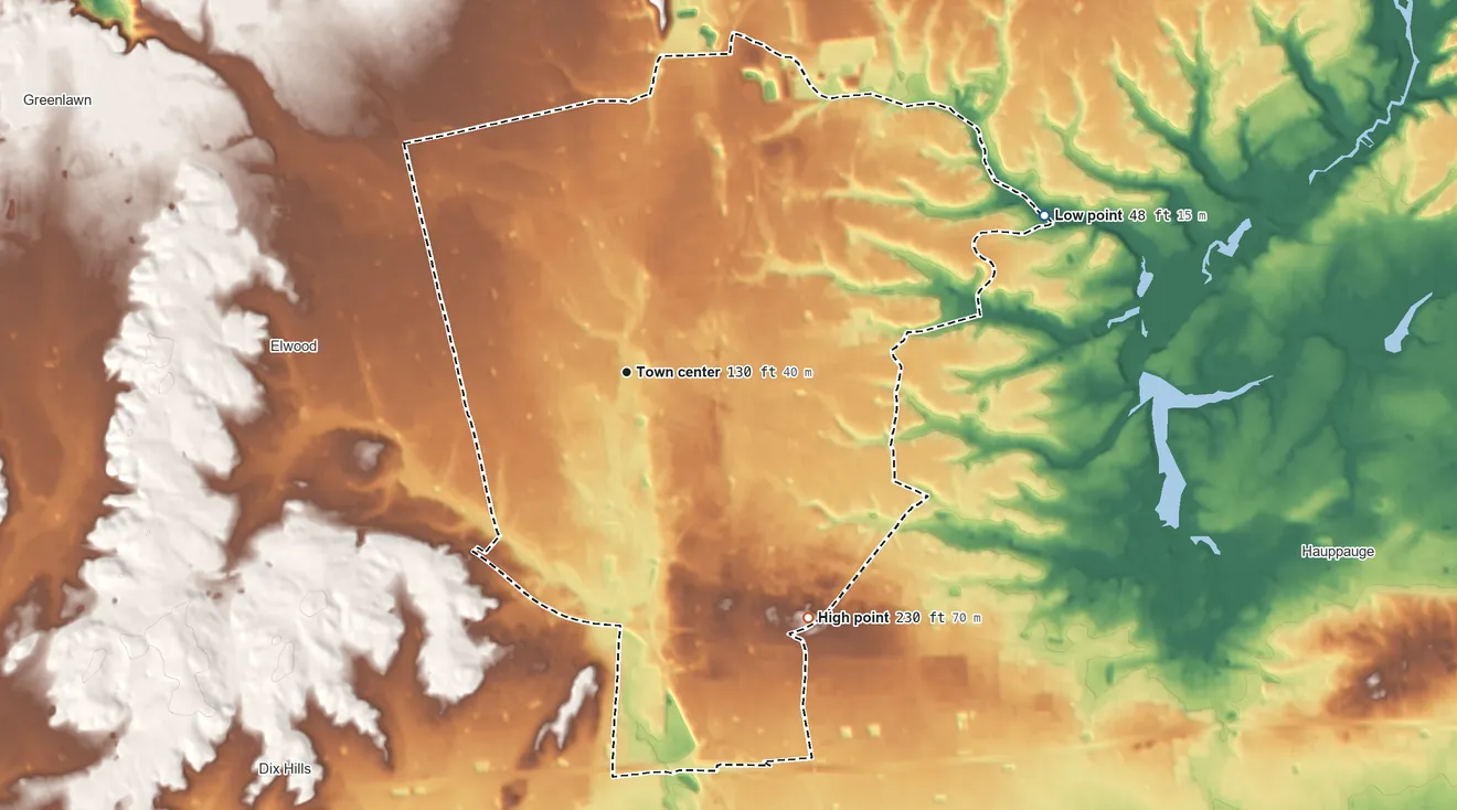Topographic elevation map of Commack, New York, shaded from 48 ft on the east side to 230 ft on the southeast side