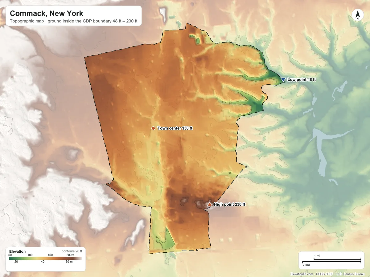 Topographic elevation map of Commack, New York, shaded from 48 ft on the east side to 230 ft on the southeast side