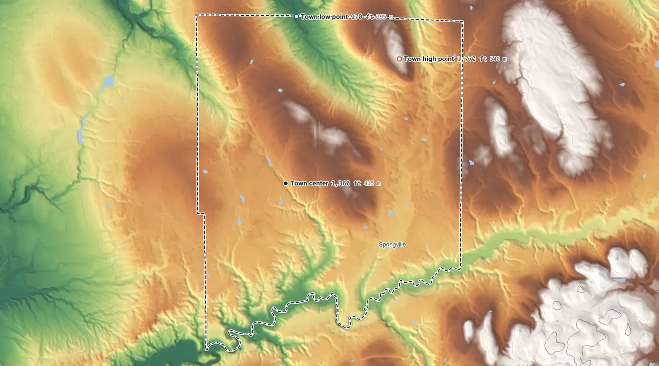 Topographic elevation map of Concord, New York, shaded from 970 ft on the north side to 1,770 ft on South Hill