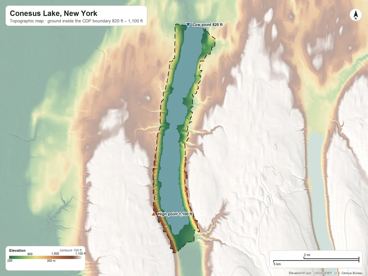 Topographic elevation map of Conesus Lake, New York, shaded from 820 ft on the north side to 1,100 ft on the south side