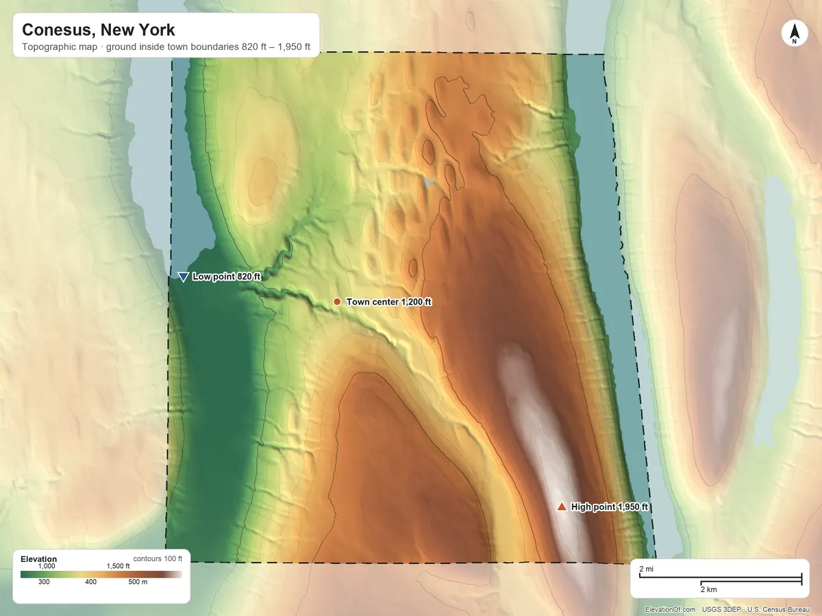Topographic elevation map of Conesus, New York, shaded from 820 ft on the west side to 1,950 ft on Marrowback Hill