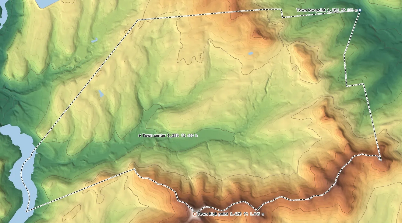 Topographic elevation map of Conesville, New York, shaded from 1,100 ft on the northeast side to 3,421 ft on Huntersfield Mountain