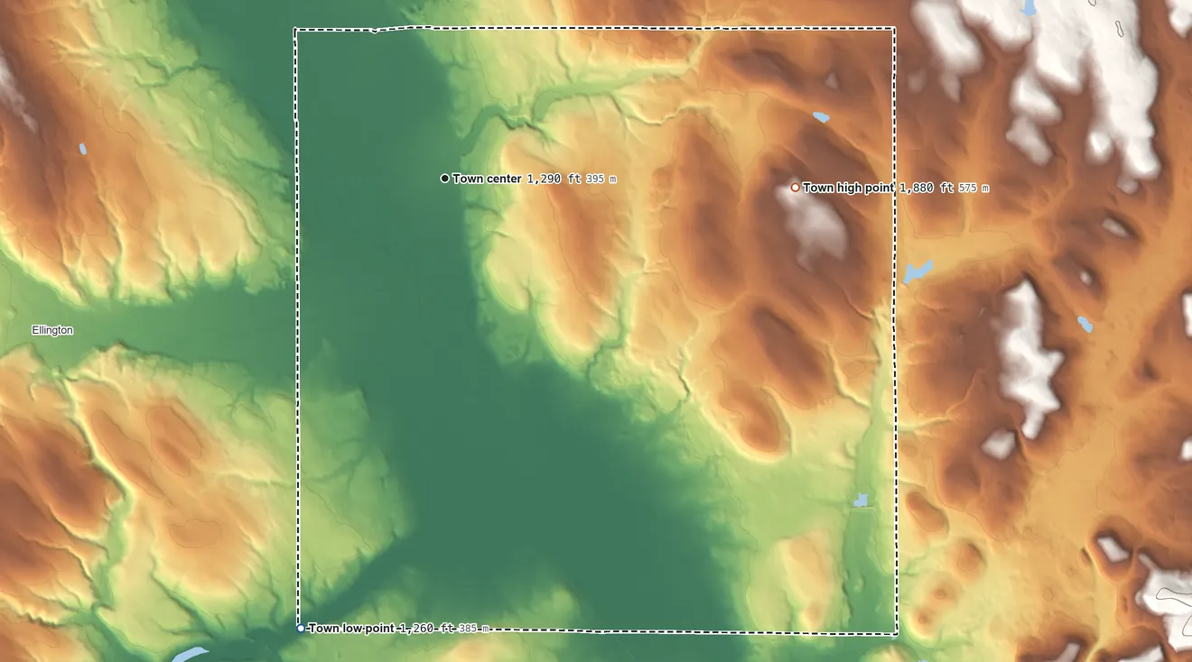 Topographic elevation map of Conewango, New York, shaded from 1,260 ft on the south side to 1,880 ft on the east side