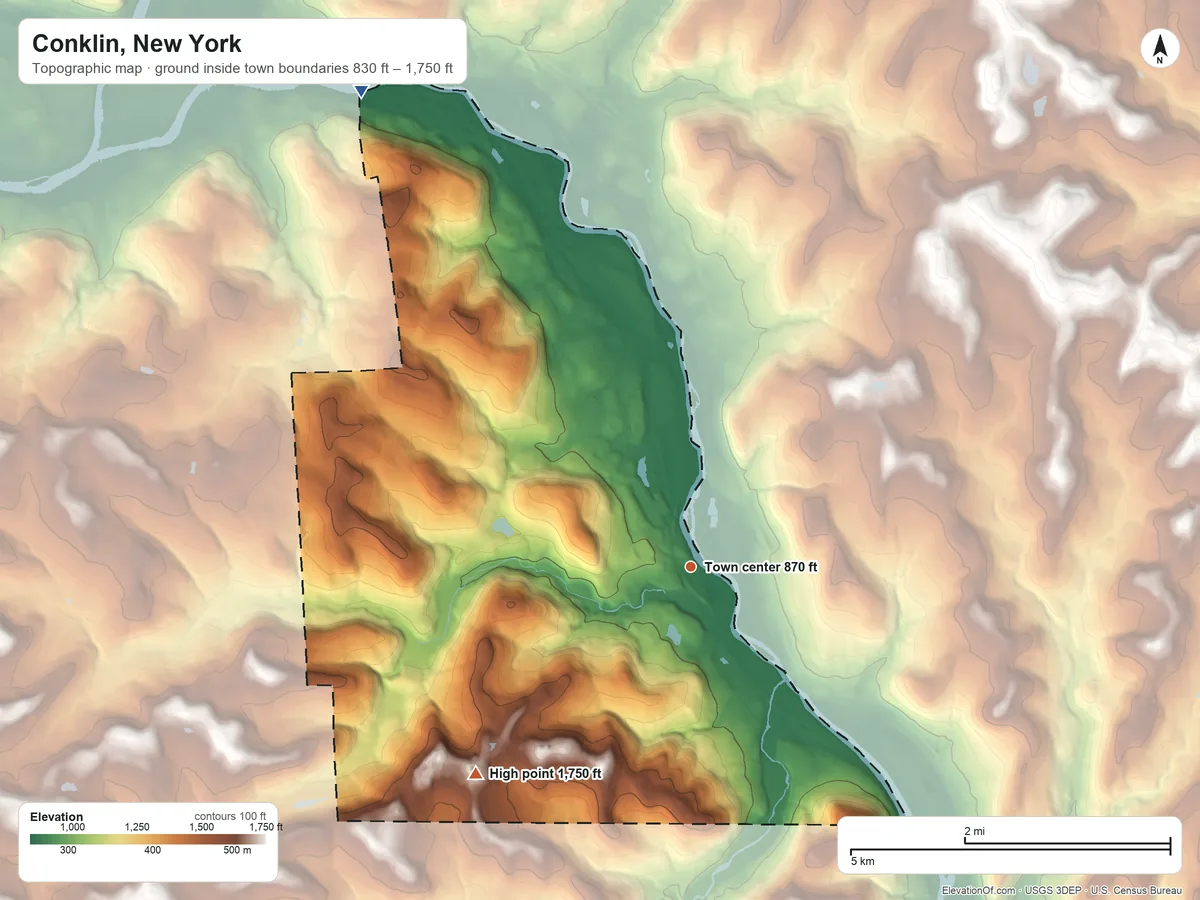 Topographic elevation map of Conklin, New York, shaded from 830 ft on the northwest side to 1,750 ft on the southwest side