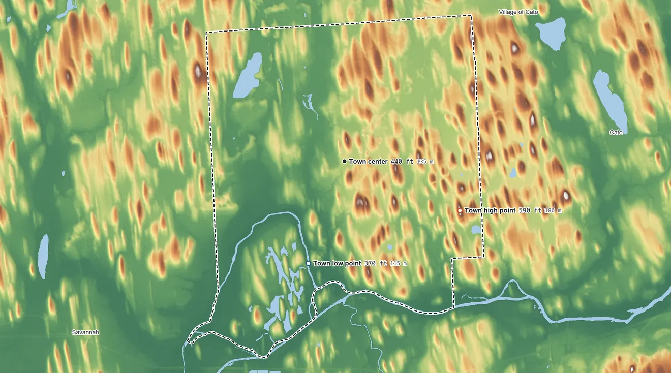 Topographic elevation map of Conquest, New York, shaded from 370 ft on the south side to 590 ft on the southeast side