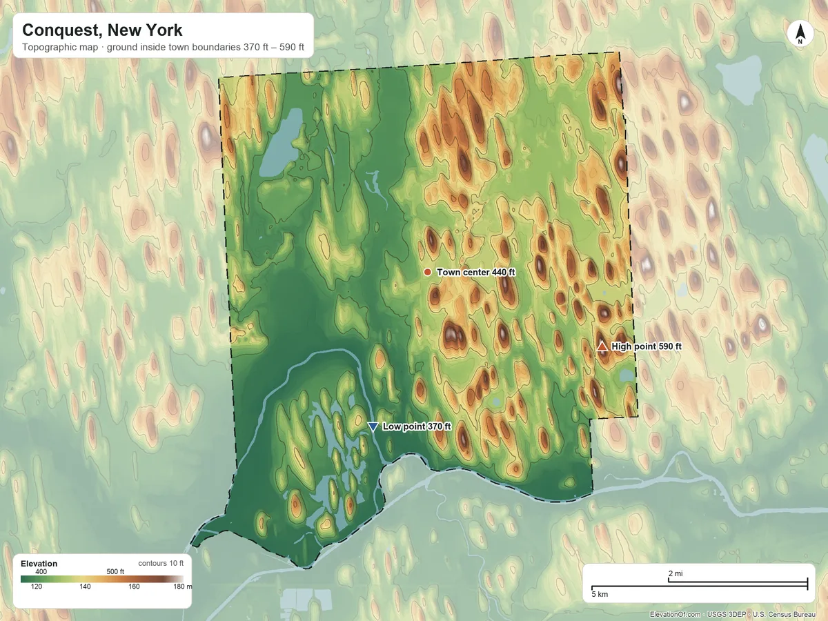 Topographic elevation map of Conquest, New York, shaded from 370 ft on the south side to 590 ft on the southeast side
