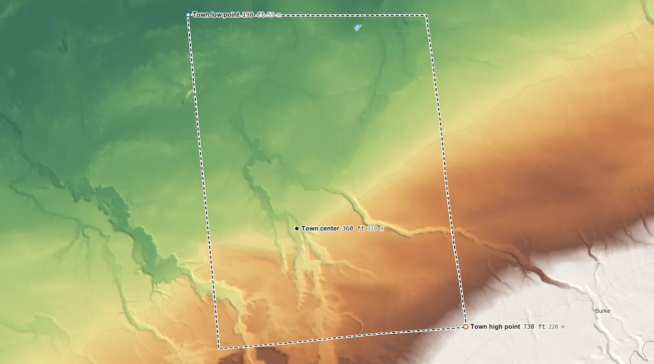 Topographic elevation map of Constable, New York, shaded from 190 ft on the northwest side to 730 ft on the southeast side