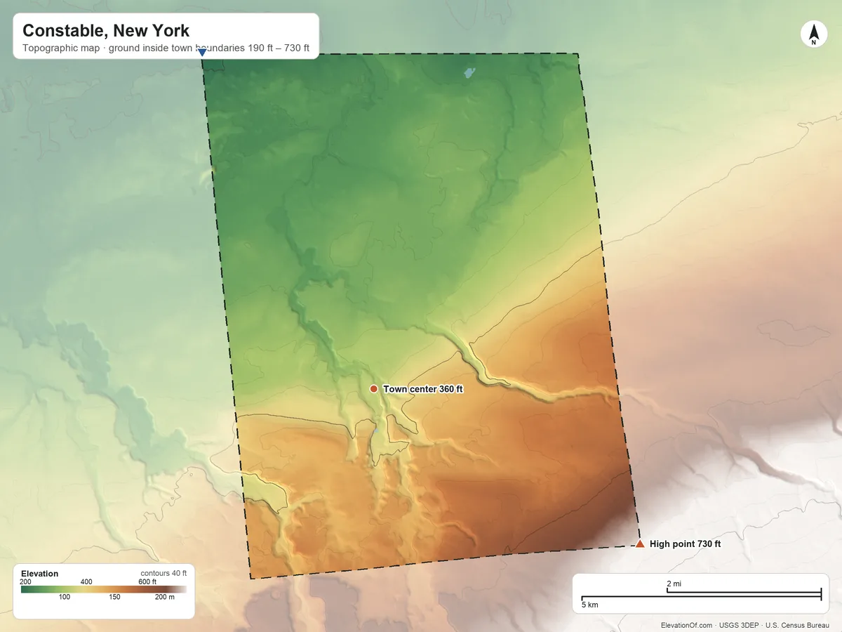 Topographic elevation map of Constable, New York, shaded from 190 ft on the northwest side to 730 ft on the southeast side
