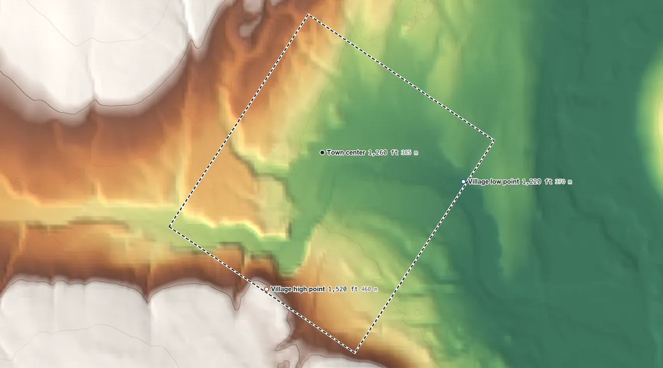 Topographic elevation map of Constableville, New York, shaded from 1,220 ft on the east side to 1,520 ft on the south side