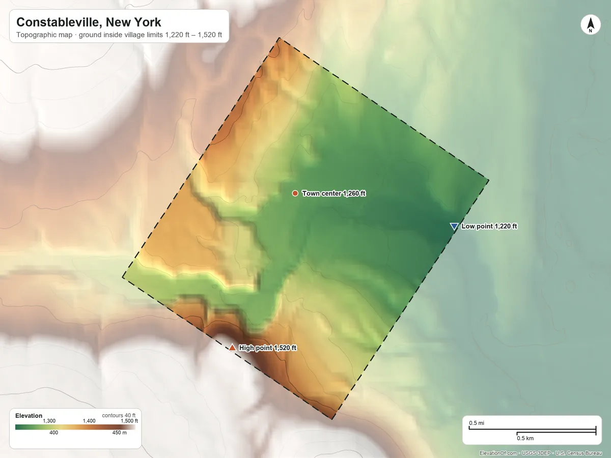 Topographic elevation map of Constableville, New York, shaded from 1,220 ft on the east side to 1,520 ft on the south side