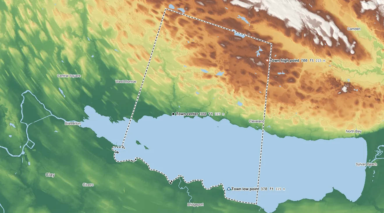 Topographic elevation map of Constantia, New York, shaded from 370 ft on the southeast side to 700 ft on the northeast side