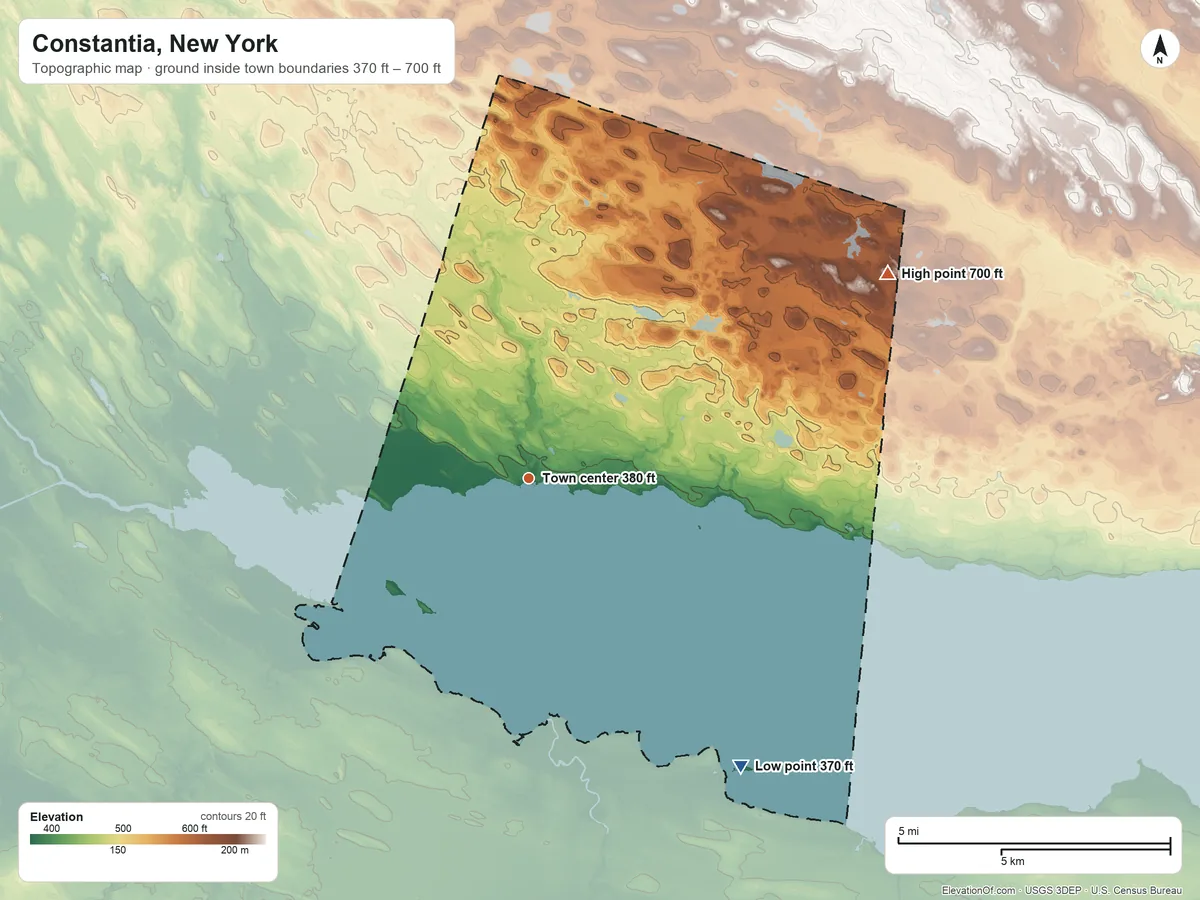 Topographic elevation map of Constantia, New York, shaded from 370 ft on the southeast side to 700 ft on the northeast side