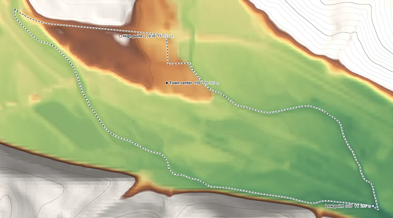 Topographic elevation map of Coopers Plains, New York, shaded from 940 ft on the southeast side to 1,030 ft on the northwest edge, below higher ground just outside