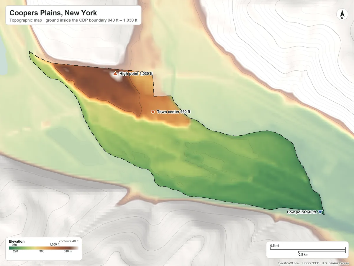 Topographic elevation map of Coopers Plains, New York, shaded from 940 ft on the southeast side to 1,030 ft on the northwest edge, below higher ground just outside
