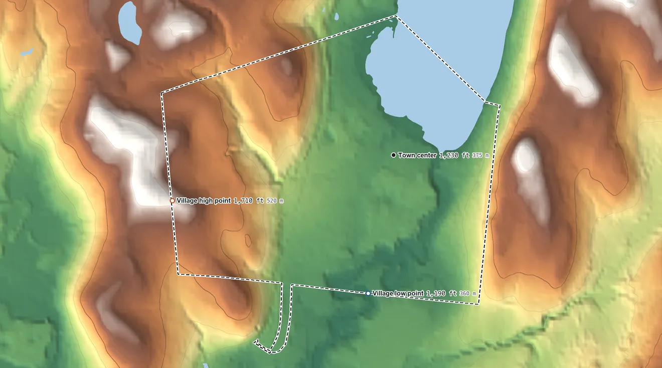 Topographic elevation map of Cooperstown, New York, shaded from 1,190 ft on the south side to 1,710 ft on the west side
