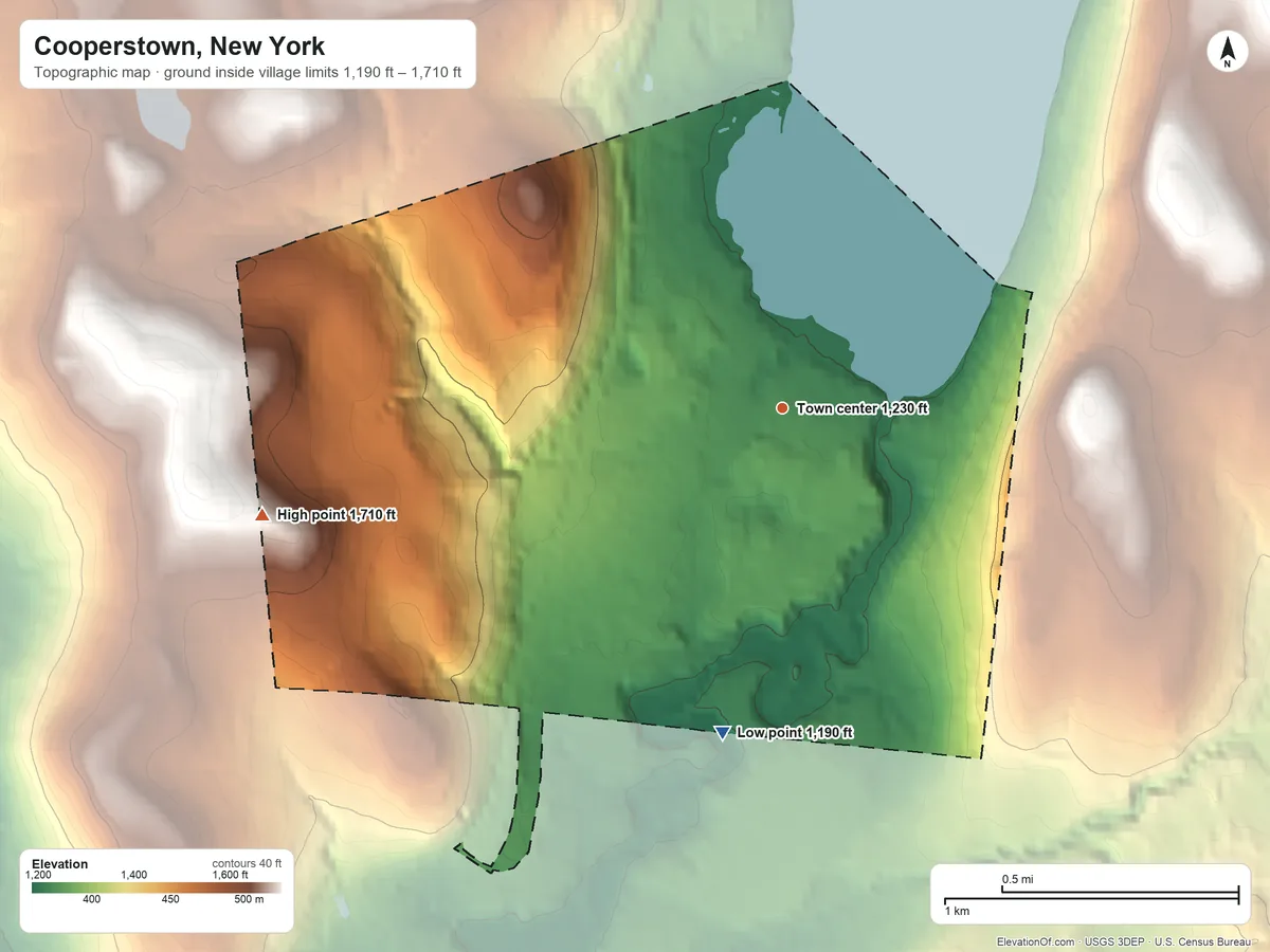 Topographic elevation map of Cooperstown, New York, shaded from 1,190 ft on the south side to 1,710 ft on the west side
