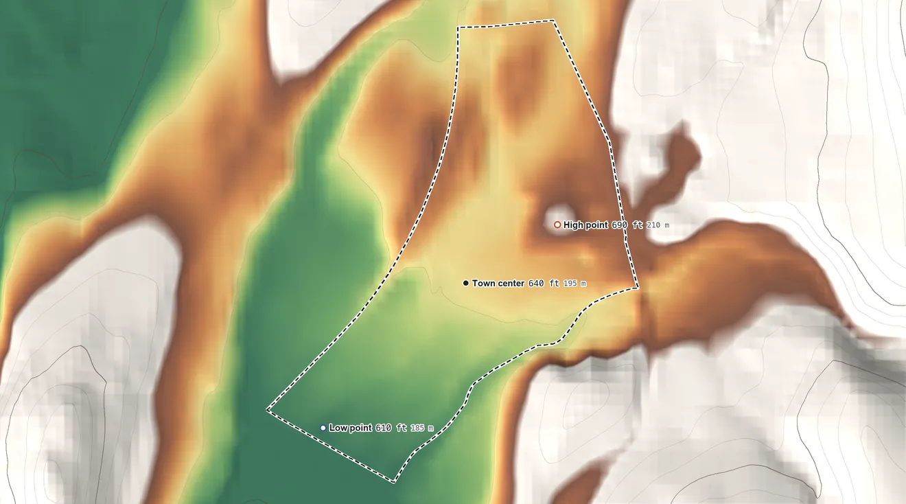 Topographic elevation map of Copake Falls, New York, shaded from 610 ft on the southwest side to 690 ft on the northeast edge, below higher ground just outside