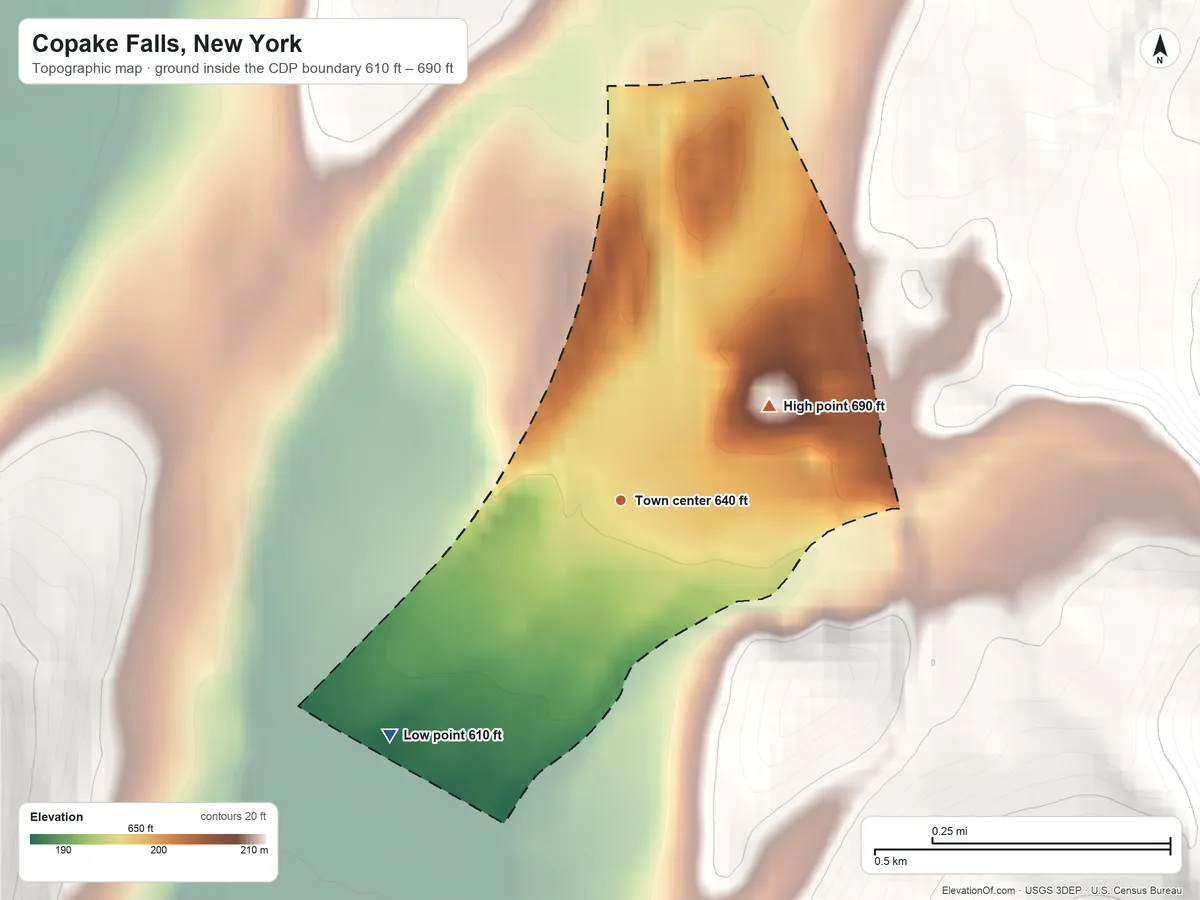 Topographic elevation map of Copake Falls, New York, shaded from 610 ft on the southwest side to 690 ft on the northeast edge, below higher ground just outside