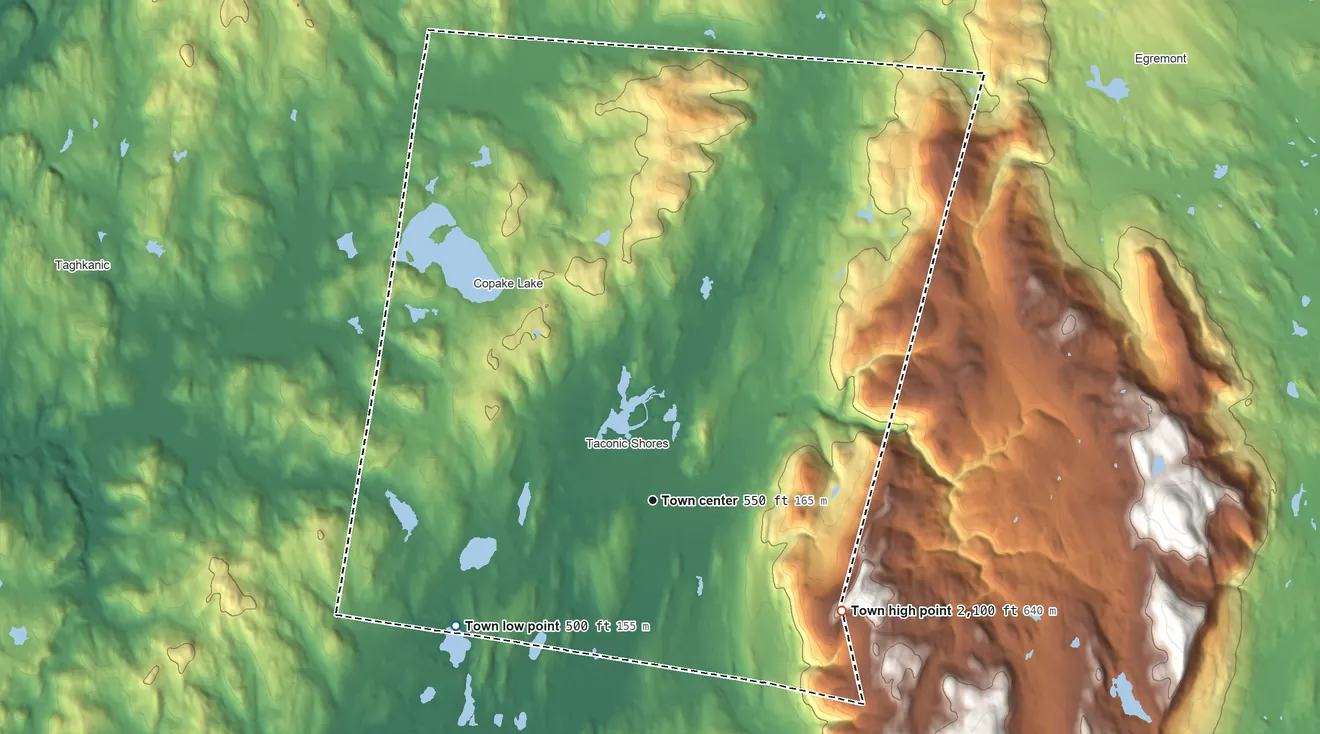 Topographic elevation map of Copake, New York, shaded from 500 ft on the southwest side to 2,100 ft on the southeast side