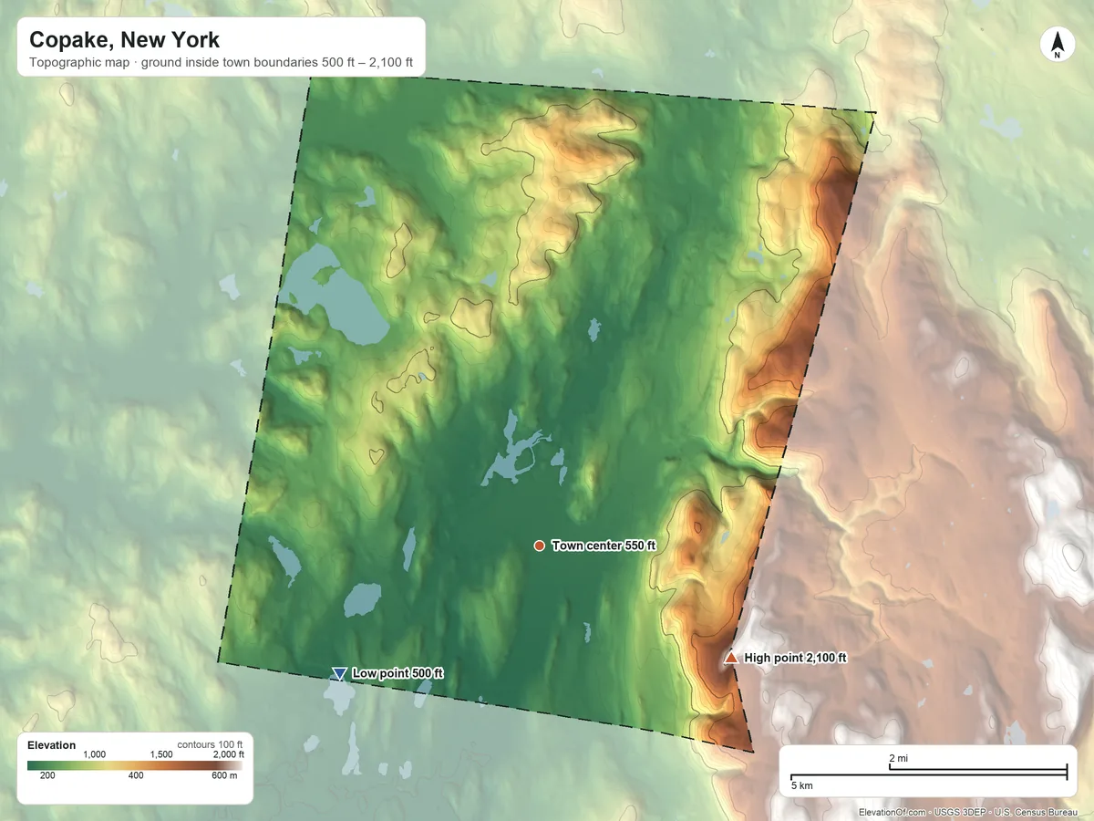 Topographic elevation map of Copake, New York, shaded from 500 ft on the southwest side to 2,100 ft on the southeast side