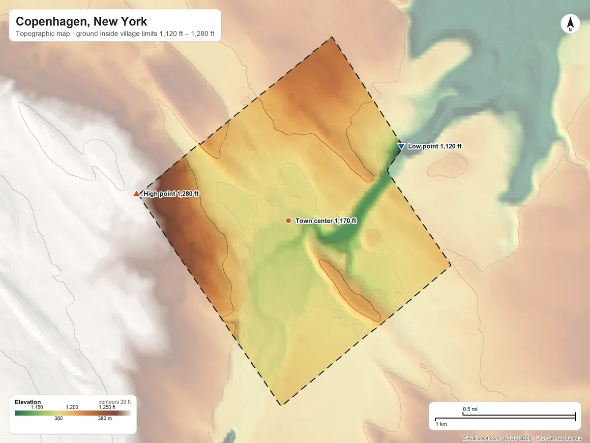 Topographic elevation map of Copenhagen, New York, shaded from 1,120 ft on the northeast side to 1,280 ft on the west side