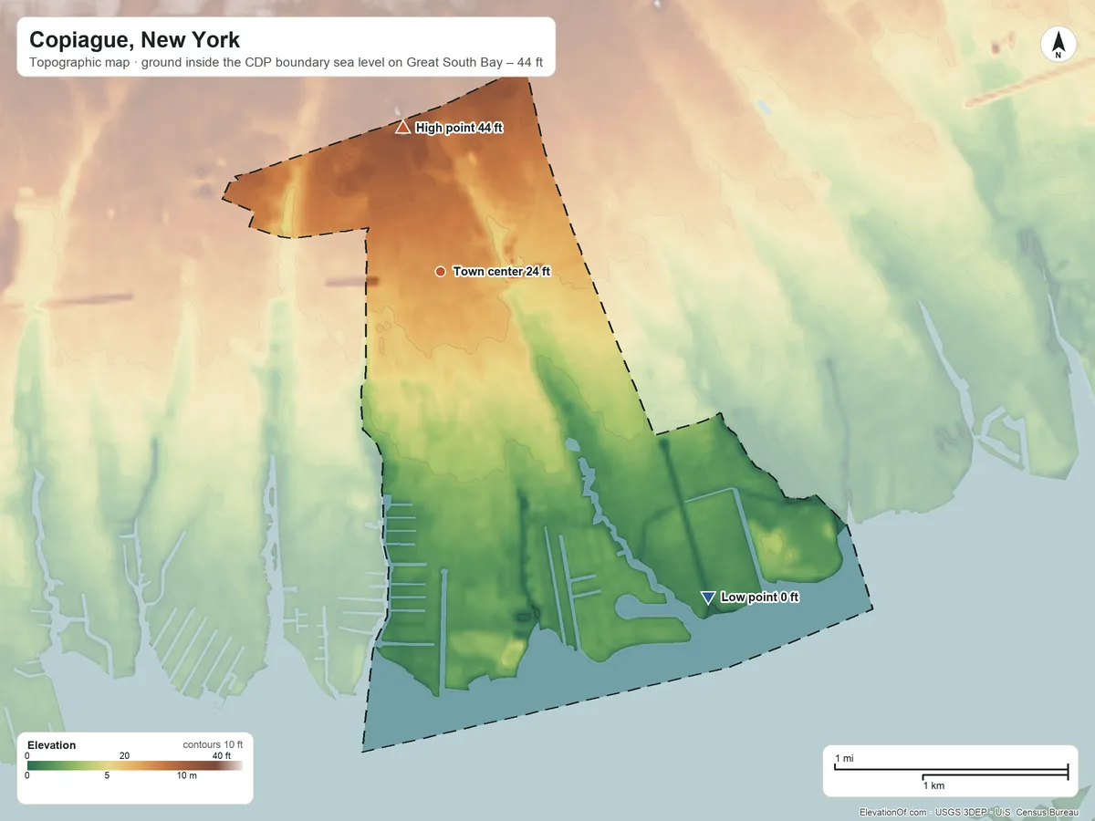 Topographic elevation map of Copiague, New York, shaded from sea level level on Great South Bay to 44 ft on the north side