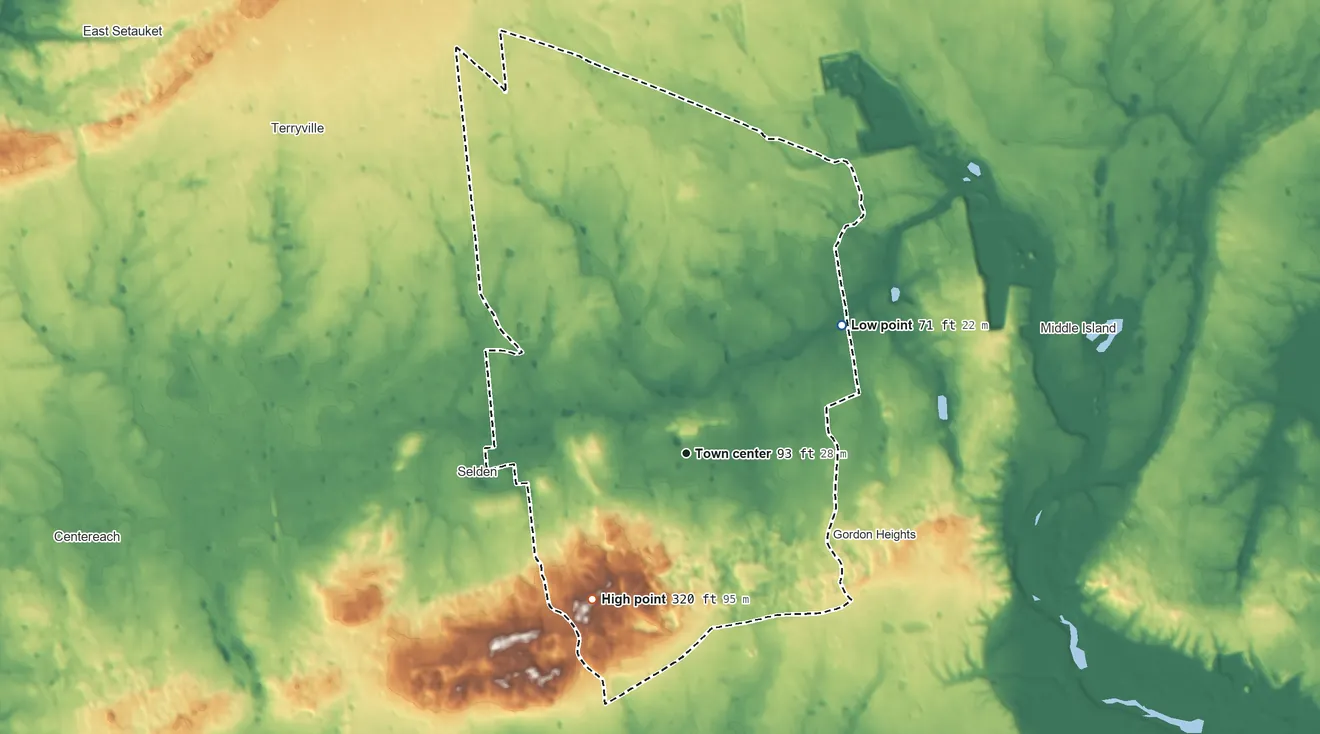Topographic elevation map of Coram, New York, shaded from 71 ft on the northeast side to 320 ft on the southwest side