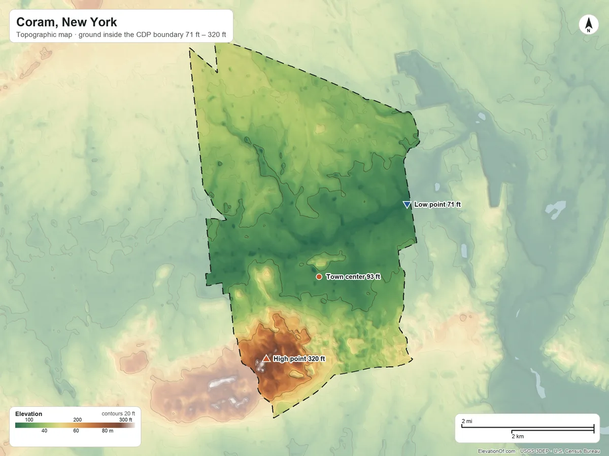 Topographic elevation map of Coram, New York, shaded from 71 ft on the northeast side to 320 ft on the southwest side