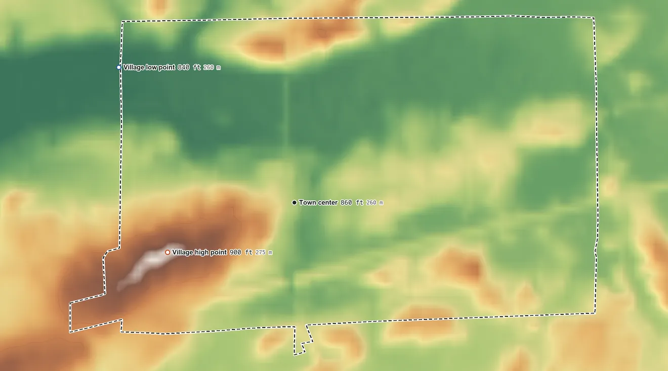 Topographic elevation map of Corfu, New York, shaded from 840 ft on the northwest side to 900 ft on the west side