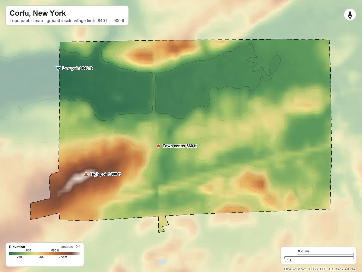 Topographic elevation map of Corfu, New York, shaded from 840 ft on the northwest side to 900 ft on the west side