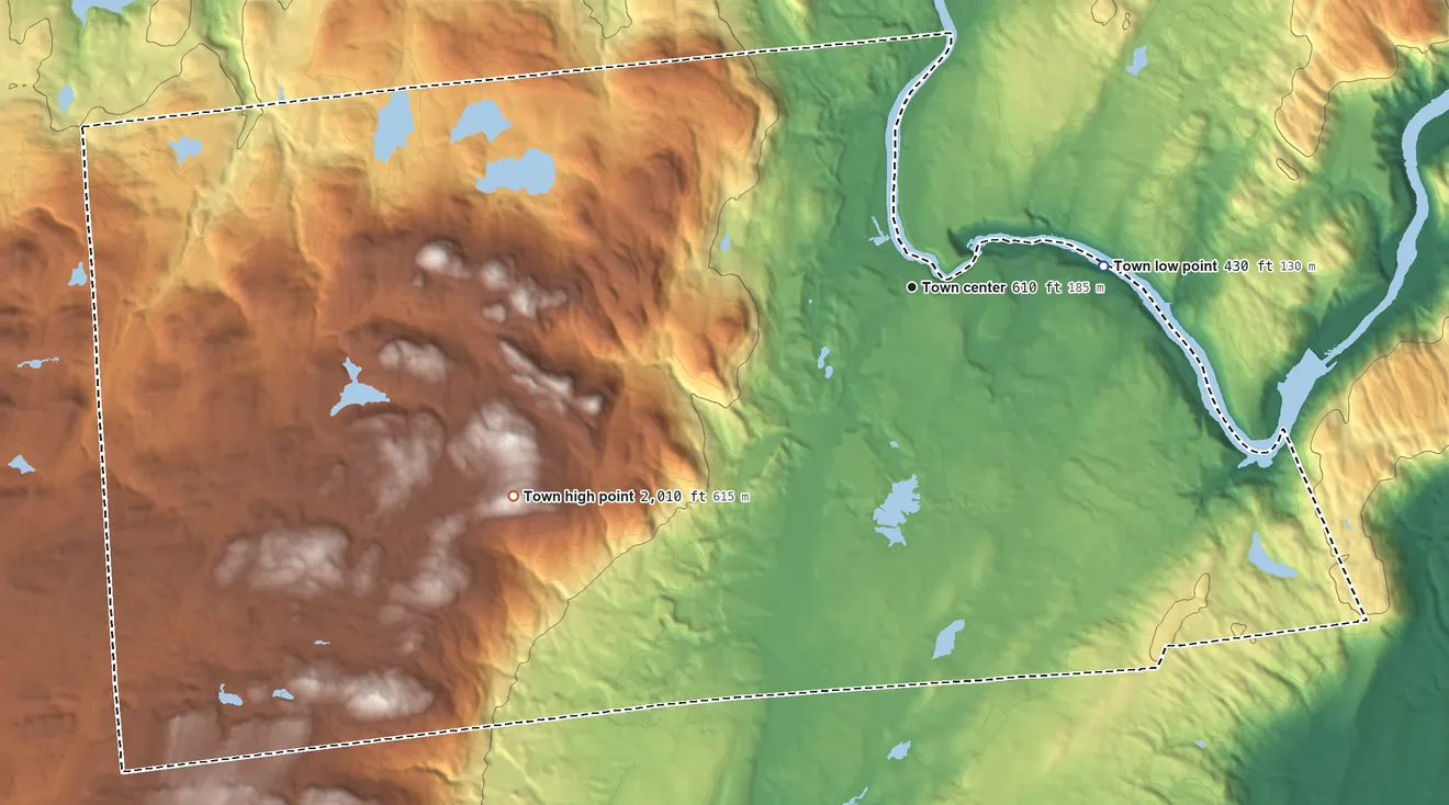 Topographic elevation map of Corinth, New York, shaded from 430 ft on the east side to 2,010 ft on Spruce Mountain