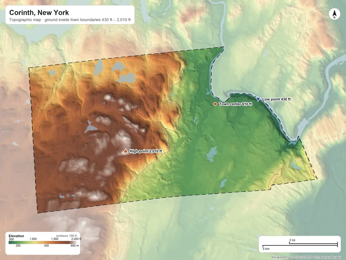 Topographic elevation map of Corinth, New York, shaded from 430 ft on the east side to 2,010 ft on Spruce Mountain