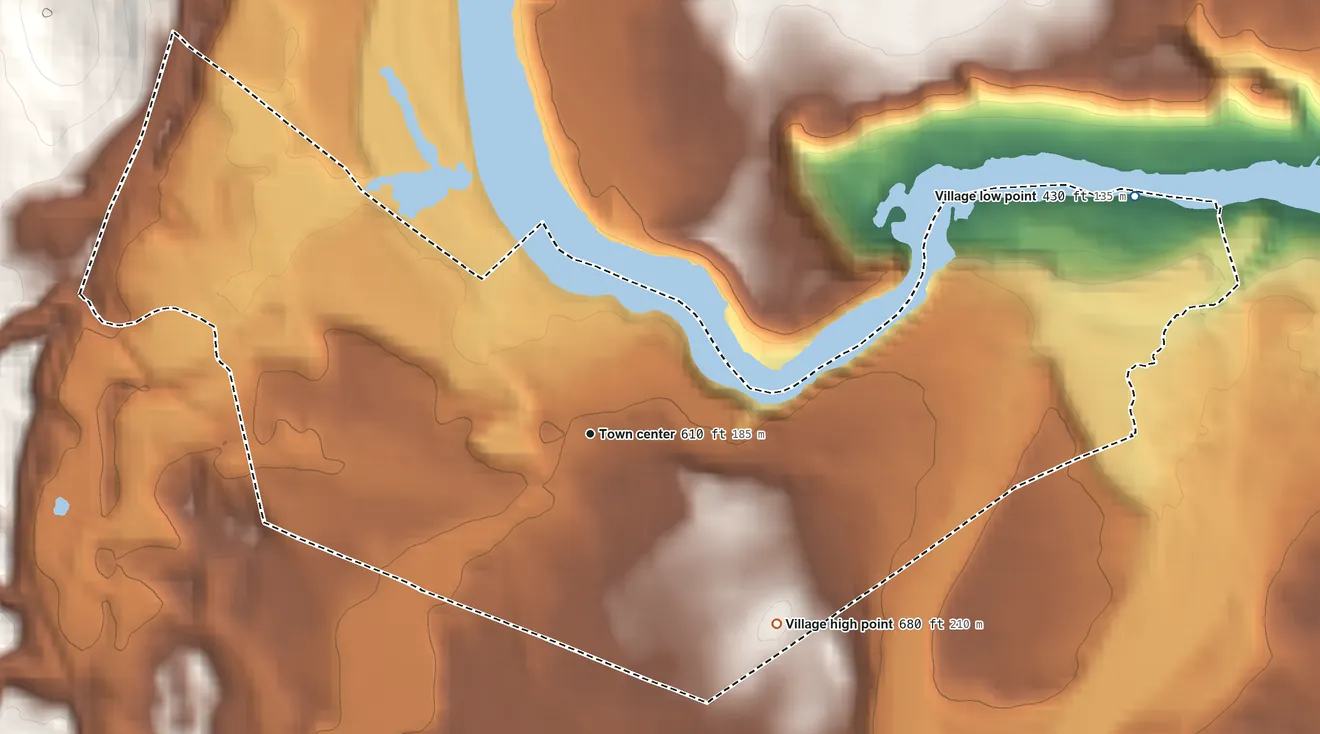 Topographic elevation map of Village of Corinth, New York, shaded from 430 ft on the northeast side to 680 ft at the foot of the Kayaderosseras Range