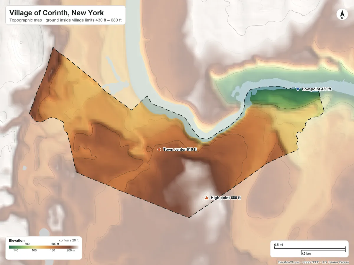 Topographic elevation map of Village of Corinth, New York, shaded from 430 ft on the northeast side to 680 ft at the foot of the Kayaderosseras Range