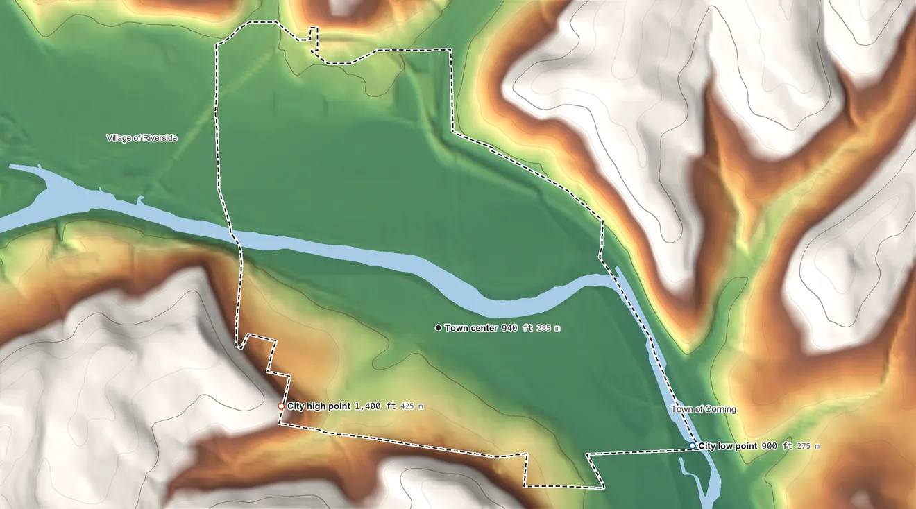 Topographic elevation map of Corning, New York, shaded from 900 ft on the southeast side to 1,400 ft on the southwest edge, below higher ground just outside