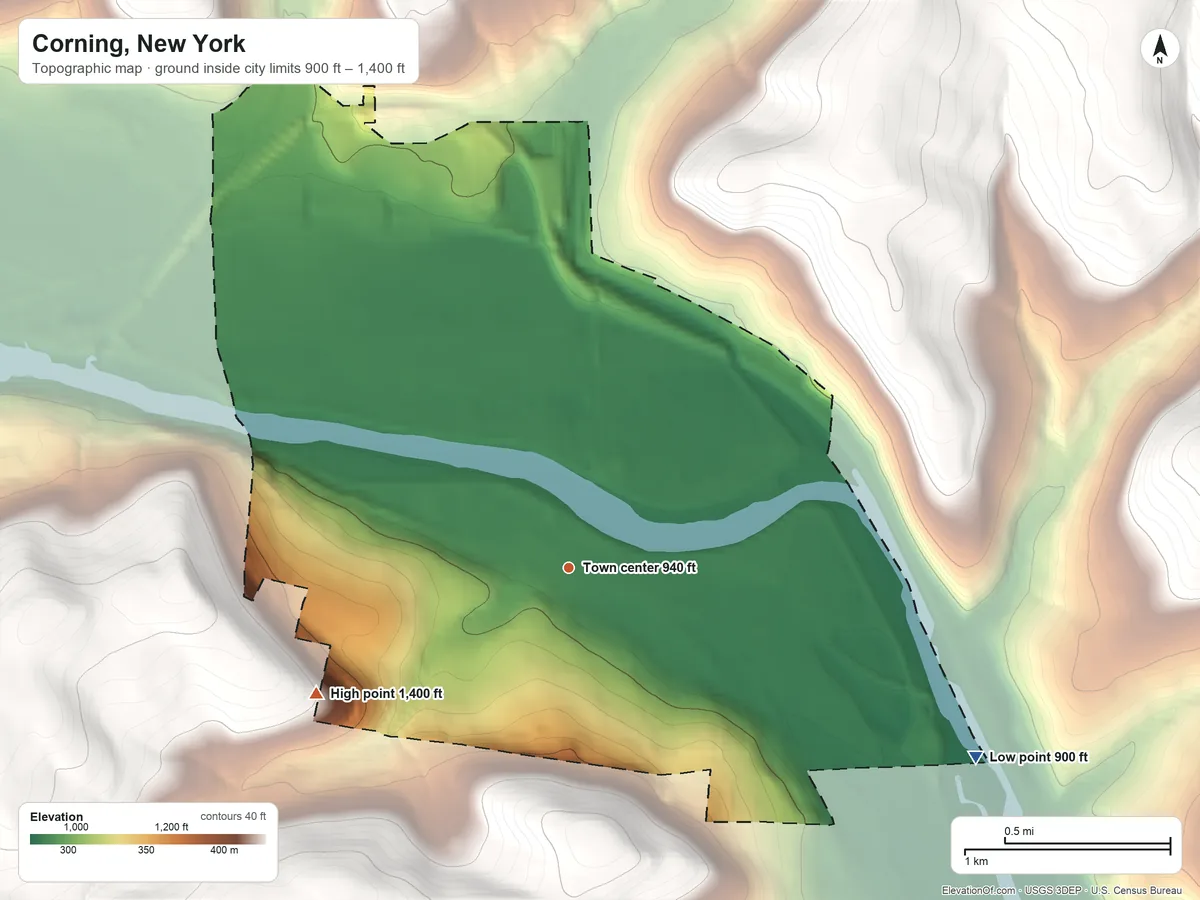 Topographic elevation map of Corning, New York, shaded from 900 ft on the southeast side to 1,400 ft on the southwest edge, below higher ground just outside