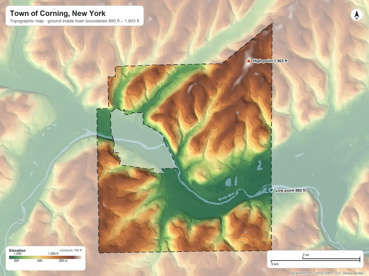 Topographic elevation map of Town of Corning, New York, shaded from 880 ft on the east side to 1,903 ft on Quackenbush Hill