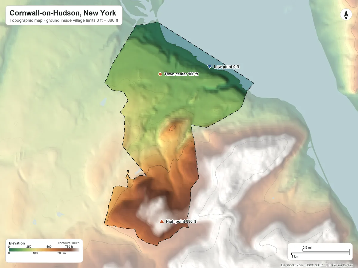 Topographic elevation map of Cornwall-on-Hudson, New York, shaded from 0 ft on the east side to 880 ft on Deer Hill