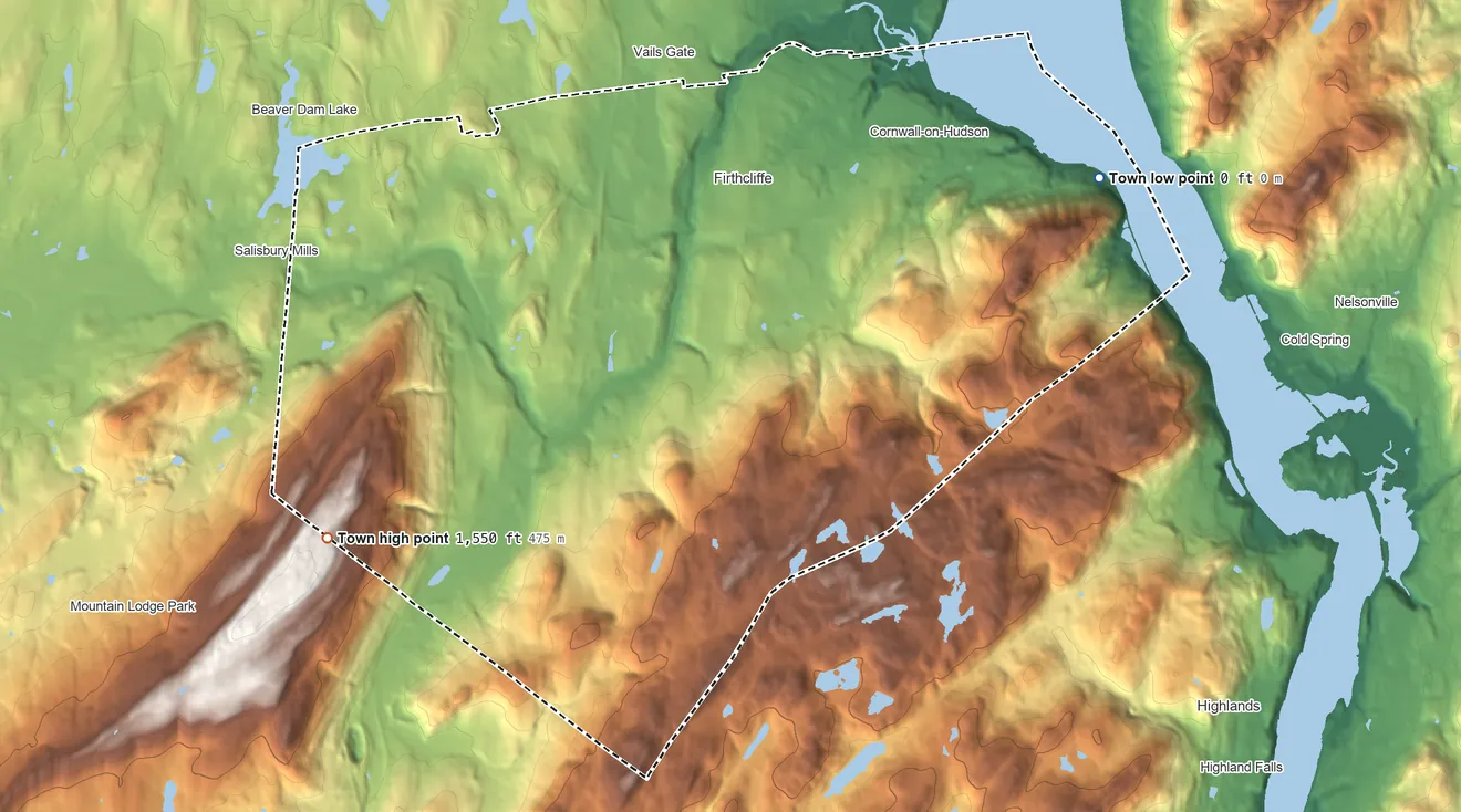 Topographic elevation map of Cornwall, New York, shaded from 0 ft on the east side to 1,550 ft on the southwest side