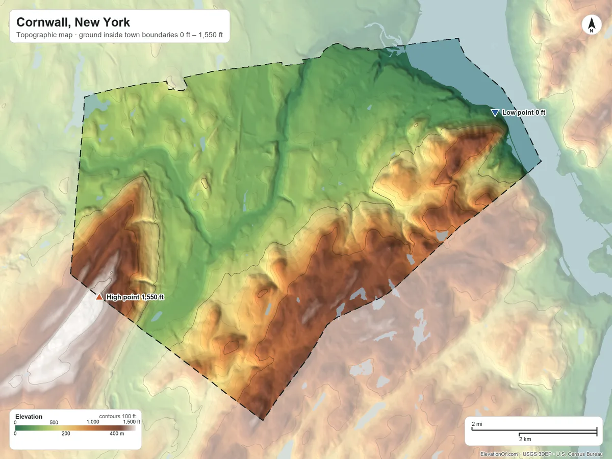 Topographic elevation map of Cornwall, New York, shaded from 0 ft on the east side to 1,550 ft on the southwest side