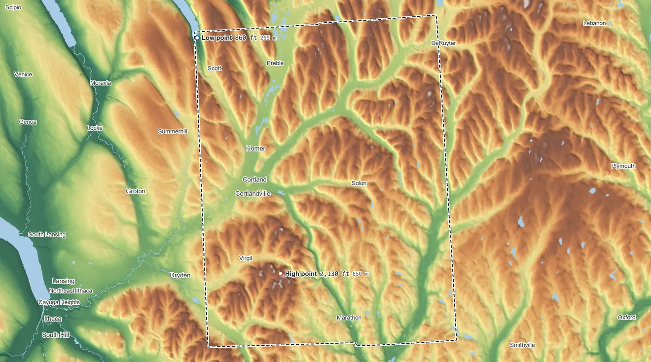 Topographic elevation map of Cortland County, New York, shaded from 860 ft on the northwest side to 2,130 ft on Virgil Mountain
